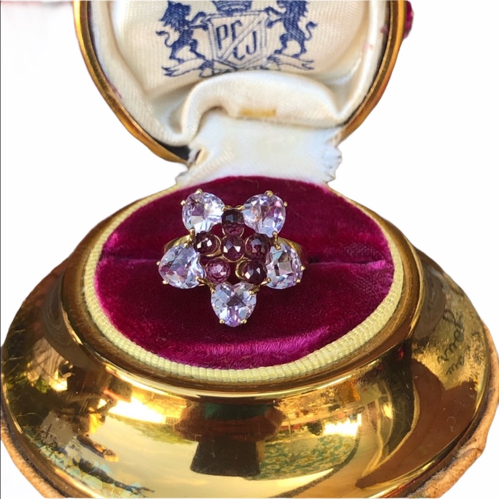 - 10k Amethyst & pink tourmaline flower ring cluster With appraisal